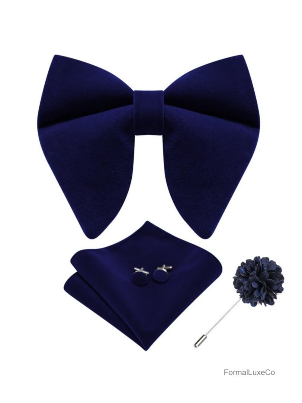 Men's Velvet Pre-tied Bow Tie Set with Pocket Square, Cufflinks & Lapel Pin,